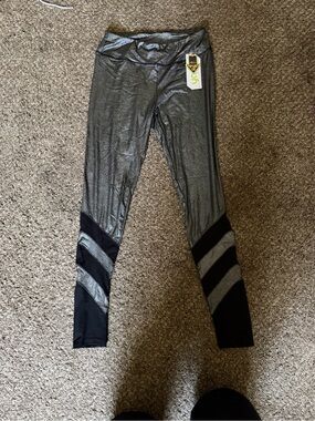 Youth Metallic Silver Leggings with Black Chevron Panels